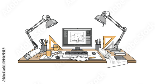 An architect's desk is shown with a computer displaying a floor plan, drafting tools, and two desk lamps.