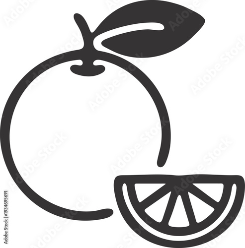 Outline Icon of an Orange with a Slice and Leaf