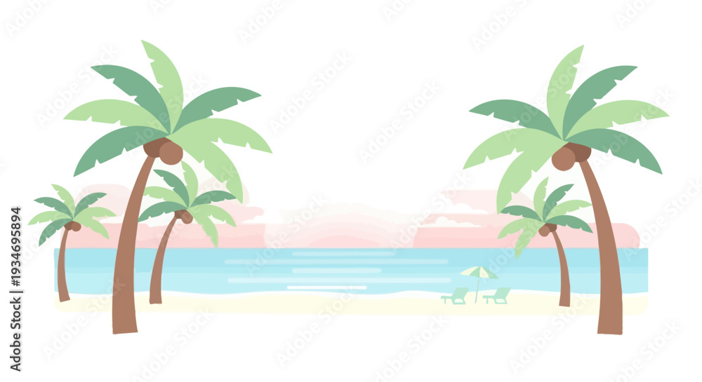 Fototapeta premium Idyllic tropical beach vector illustration with palm trees, ocean, sand, and beach chairs for summer vacation design