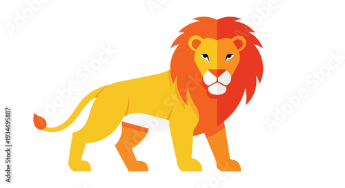 Majestic African lion illustration with vibrant orange and red mane in flat design style. Powerful wild animal vector graphic.