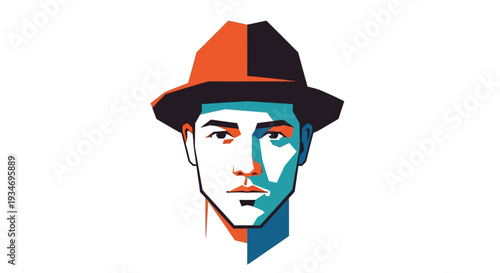Abstract geometric portrait of a man in a fedora hat. Stylized illustration with contrasting warm and cool tones, artistic design.