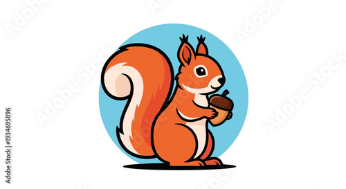 Cute cartoon squirrel holding an acorn, vector illustration with vibrant orange fur and a friendly smile on a blue background.