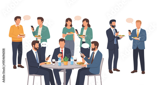 A group of eight business professionals are taking a break, some standing and eating while using smartphones, others seated at a round table.