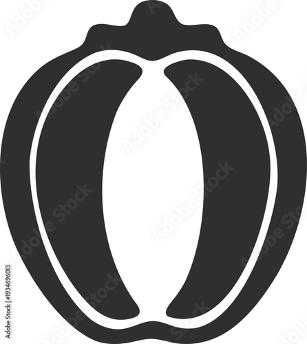 Stylized black silhouette of a halved fruit, like a peach or apricot, with a visible pit