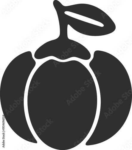 Black silhouette of a pumpkin or squash with leaf and stem, isolated on white background