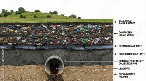 Educational orthographic cross-section diagram of an engineered sanitary landfill and leachate collection system