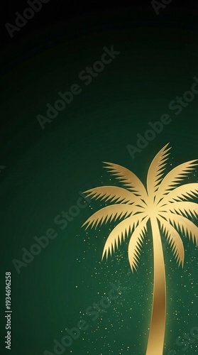 Vertical stylized gold date palm tree silhouette on dark emerald green gradient background