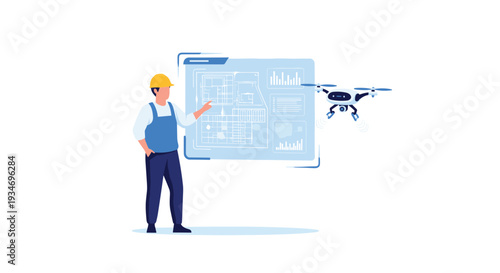 A male construction worker in a yellow hard hat is pointing at a large transparent screen displaying blueprints, with a white drone hovering nearby.