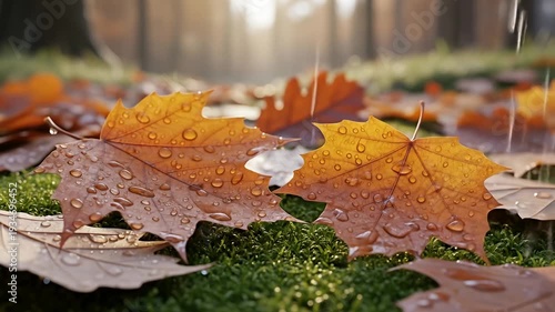 Autumn leaves with raindrops on mossy ground in a forest.