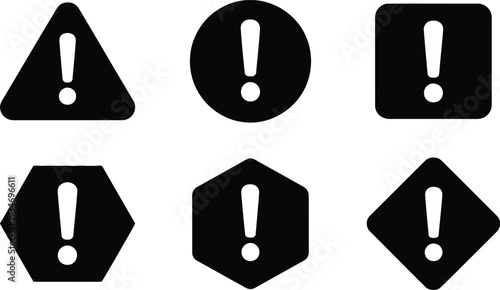 Set of 6 Black Warning Exclamation Mark Icons Vector for Danger, Alert, Error, and Important Information Notifications