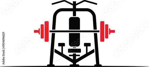 Gym weight bench press machine with barbell and red weight plates vector icon for fitness, workout, and bodybuilding apps or websites