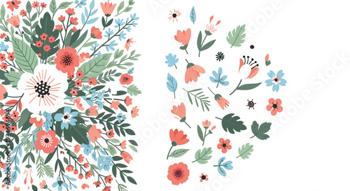 Vibrant floral arrangements border a clean white space.