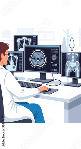 A male doctor in a white lab coat reviews multiple medical scans, including brain MRI and X-rays, on four computer monitors at a desk.