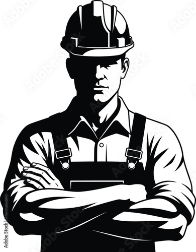 Construction Worker With Hard Hat And Overalls Standing With Arms Crossed