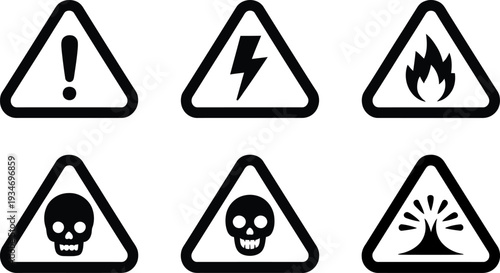Set of 6 Black and White Hazard Warning Signs Vector Icons for Safety, Danger, and Caution Alerts, Ideal for Industrial and Public Information