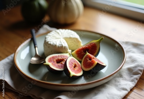 Fresh figs and soft cheese on ceramic plate on a rustic table, healthy snack concept, gourmet food styling, clean eating, homemade appetizer.
