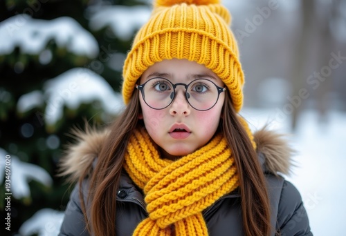 portrait of a surprised girl wearing a yellow hat and scarf, glasses, freckled face. Perfect for opticians, eye doctors, Christmas glasses sales, winter glasses sale