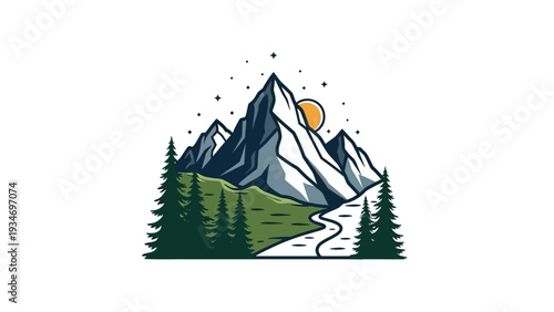 A scenic mountain landscape with pine trees and a winding path under the moon and stars.