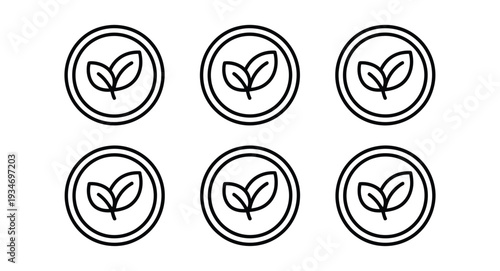 Set of 6 Black Outline Leaf Icons Vector for Eco-Friendly, Organic, and Sustainable Design Elements, Perfect for Websites, Apps, and Marketing Materials