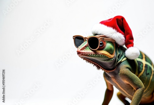 Funny chameleon in Santa hat wearing sunglasses on white background, Christmas humor concept, festive animal character, winter holiday fun, New Year.
