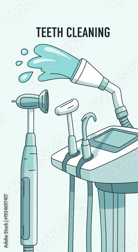 Dental Hygiene Illustration Showcasing Modern Teeth Cleaning Tools and Procedures for Optimal Oral