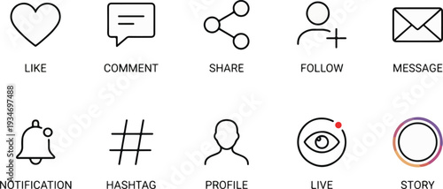 Social media icons set with like comment share follow message notification hashtag profile vector illustration flat design