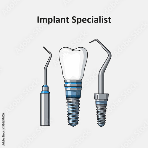 Dental Implant Specialist Illustration Featuring Tools And Tooth Imagery For Educational Purposes