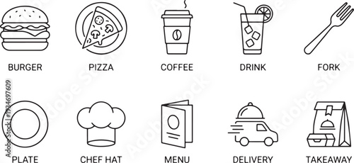 Fast food icons set flat design vector illustration with burger pizza coffee drink fork plate chef hat menu delivery takeaway