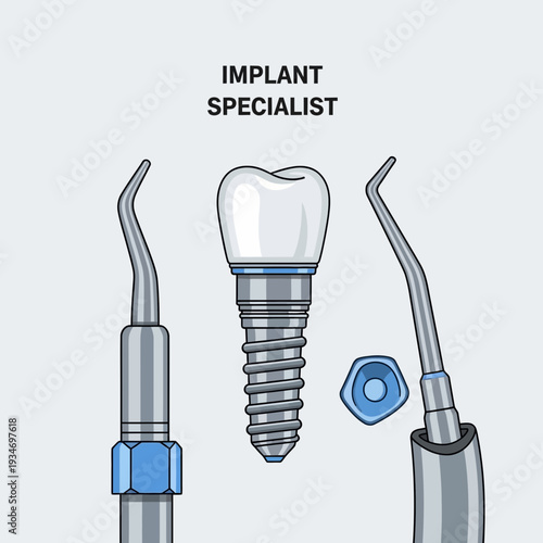Dental Implant Specialist Illustration: Surgical Tools and Realistic Tooth Implant Depiction
