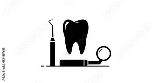 Dental Icon With Tooth, Mirror, And Probe Representing Oral Health And Dentistry