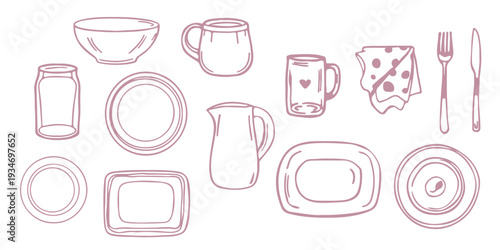 Dishes in line art style, vector