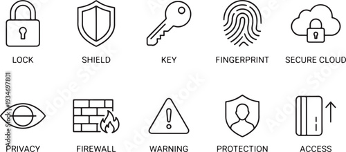 Cybersecurity and data protection flat design vector illustration with lock, shield, key, fingerprint, secure cloud, privacy, firewall, warning, protection, access icons