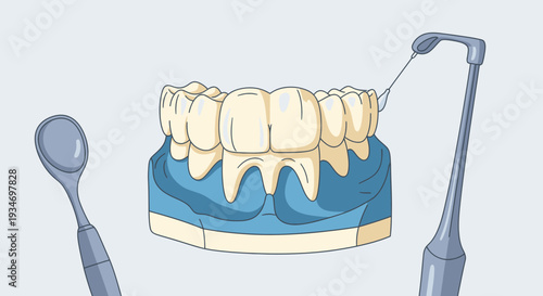 Dental Illustration Presenting Teeth Model With Tools Highlighting Oral Health Practices