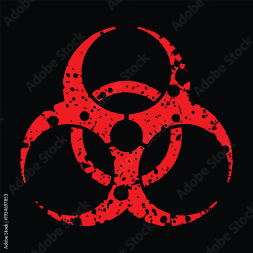 Red Biohazard Symbol Distressed Grunge Texture on Black Background Danger Sign