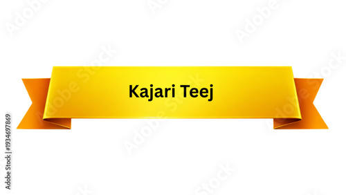 Kajari Teej Golden Ribbon Banner , Hindu Monsoon Festival Typography Design, Traditional Indian Women Fasting Celebration Poster Isolated on Minimal Background