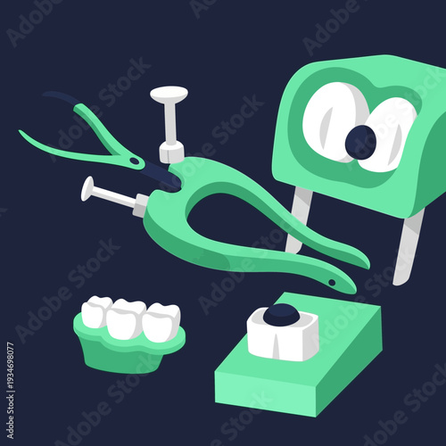 Dental Instrument Illustration Depicting Teeth, Tools, and Modern Medical Equipment, Vector Art