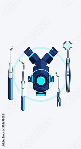 Dental Instrument Illustration Featuring a Microscope and Various Tools for Oral Healthcare