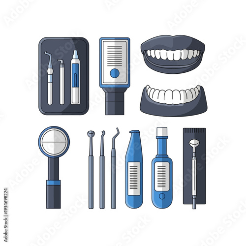 Dental Instrument Set: Illustrated Tools and Mouth Anatomy for Healthcare and Dentistry Topics