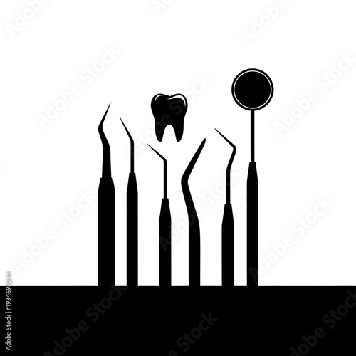 Dental Instrument Silhouettes: Modern Black and White Illustration of Tools for Oral Hygiene