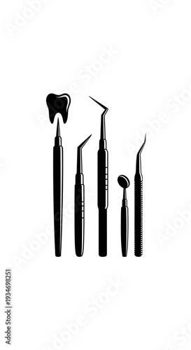 Dental Instrument Silhouettes on White Background Depicting Healthcare and Oral Hygiene