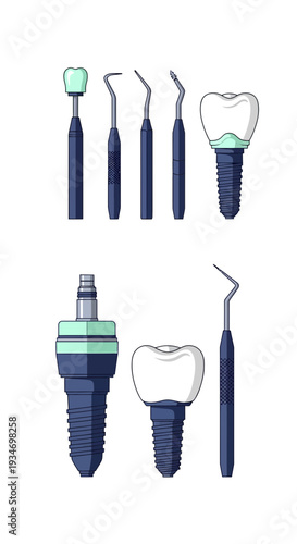 Dental Instruments And Artificial Tooth Illustrations For Oral Health And Treatment Procedures