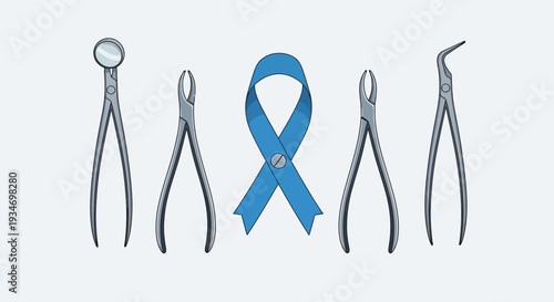 Dental Instruments And Awareness Ribbon Symbolizing Medical Procedures and Healthcare