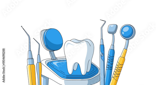 Dental Instruments And Healthy Tooth Depicted With Chair And Equipment Illustration