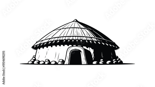 Black and white illustration of a traditional yurt with a conical roof and round door on a plain background.