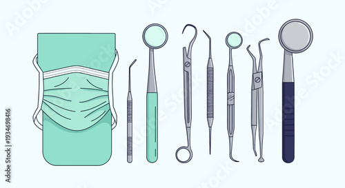 Dental Instruments And Protective Mask Arrangement On A Light Background Illustration