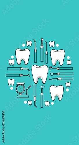 Dental Instruments and Teeth Arranged in Circular Pattern for Oral Healthcare and Medical