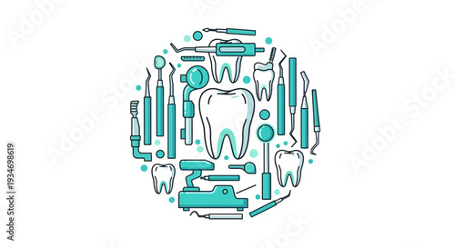 Dental Instruments Arranged In A Circular Pattern Over A White Background For Design Purposes