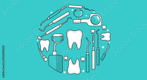 Dental Instruments Arranged In a Circle on a Teal Background Representing Oral Health