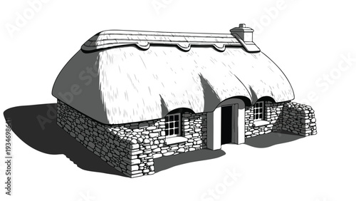 Gray illustration of a traditional stone house with a thatched roof and chimney on a white background.