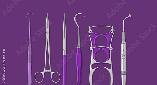 Dental Instruments Arranged Against a Purple Backdrop, Professional Healthcare Tools